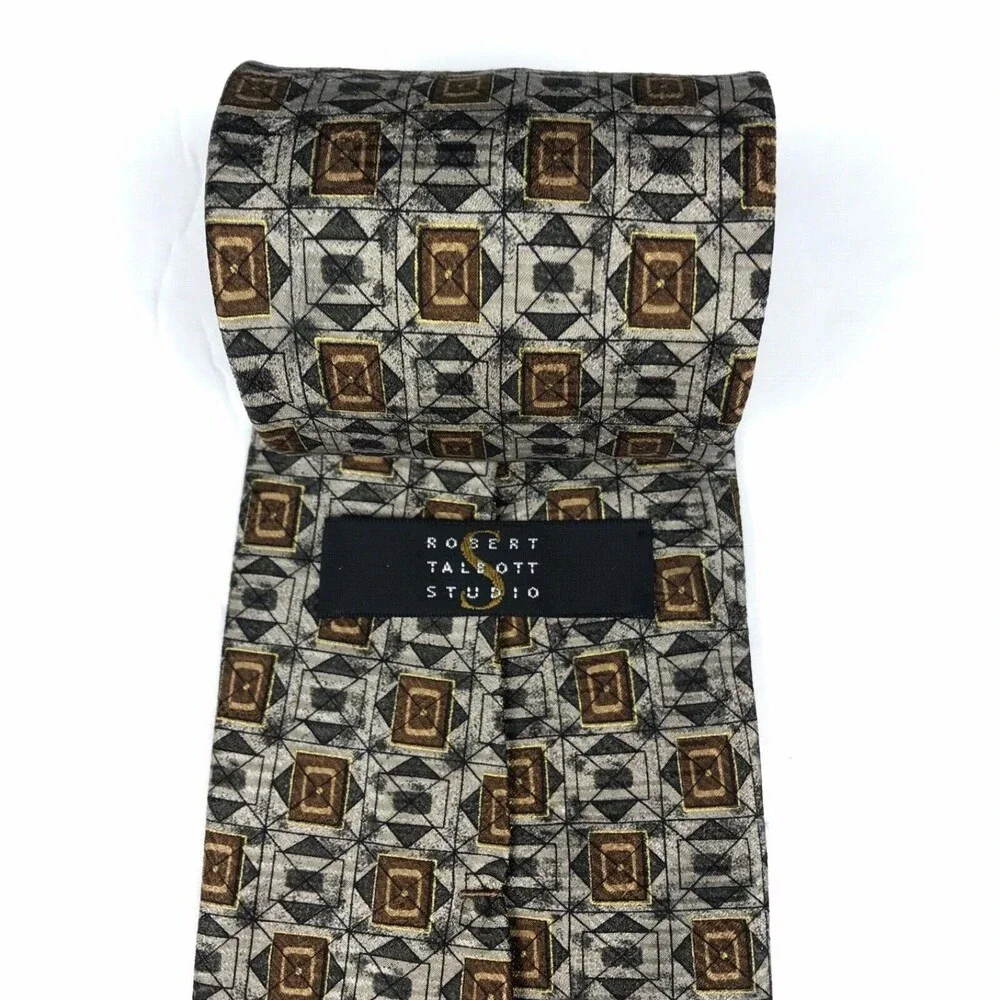 Robert Talbott Studio Men's Silk Hand-sewn Geometric Necktie Gray Tan Tie 57